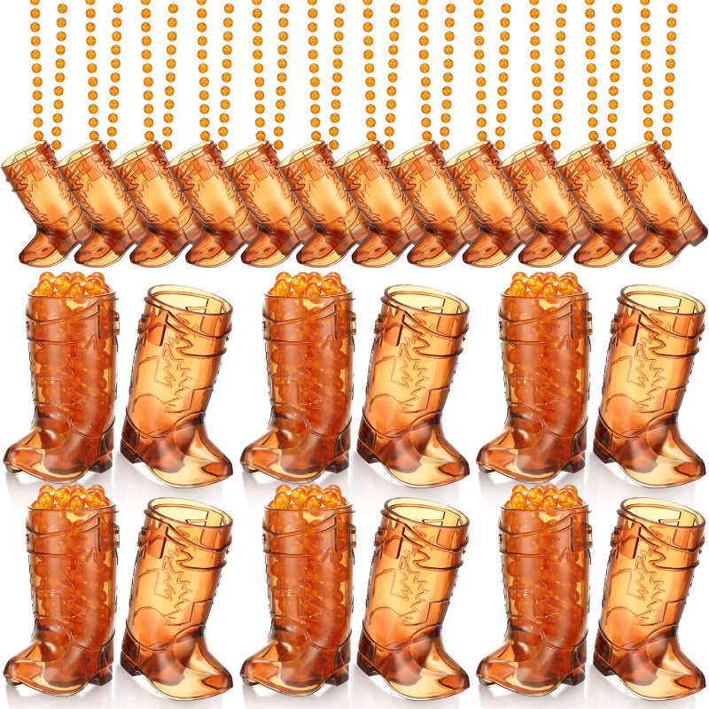Sieral 12 Pcs Cowboy Boot Shot Glasses on Beaded Necklace Plastic Reusable Cowgirl Shot Boot Glasses Necklace Party Cups for Cowboy Cowgirl Bachelorette Carnival Western Birthday (Transparent Brown) - Image 1