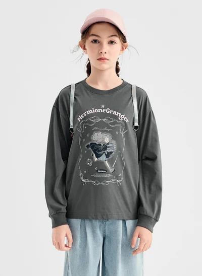 Balabala Kids Girl Round v-neck long-sleeved T-shirt