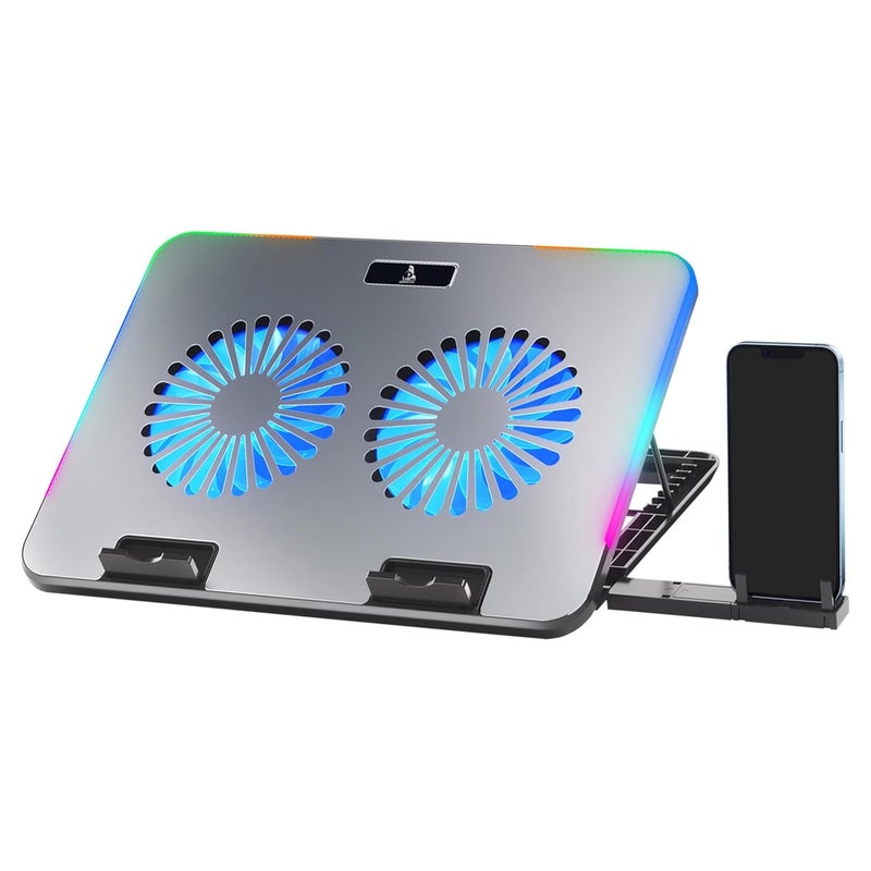 tag Gamerz Silverbolt Laptop Cooling Pad – Aluminium Metal Build, Dual Silent Blue LED Turbo Fans, 10 RGB Modes, Detachable Mobile Holder, 7 Level Height Adjustment, Dual USB Hub, Anti Slip Baffle - Image 1