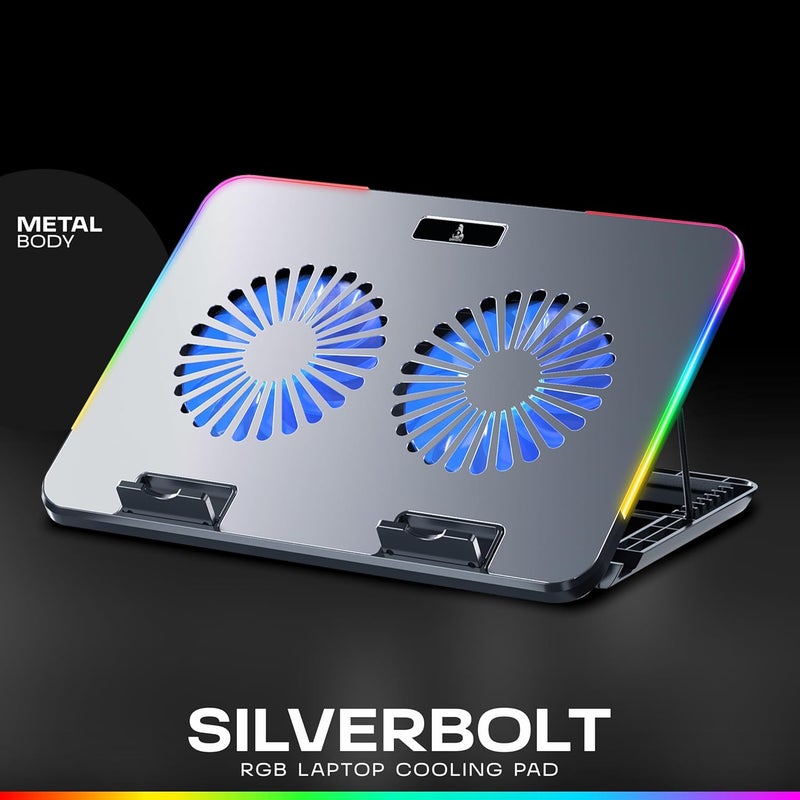 tag Gamerz Silverbolt Laptop Cooling Pad – Aluminium Metal Build, Dual Silent Blue LED Turbo Fans, 10 RGB Modes, Detachable Mobile Holder, 7 Level Height Adjustment, Dual USB Hub, Anti Slip Baffle - Image 2