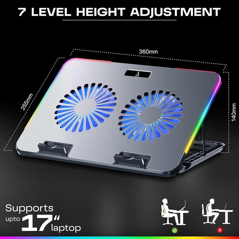 tag Gamerz Silverbolt Laptop Cooling Pad – Aluminium Metal Build, Dual Silent Blue LED Turbo Fans, 10 RGB Modes, Detachable Mobile Holder, 7 Level Height Adjustment, Dual USB Hub, Anti Slip Baffle - Image 5