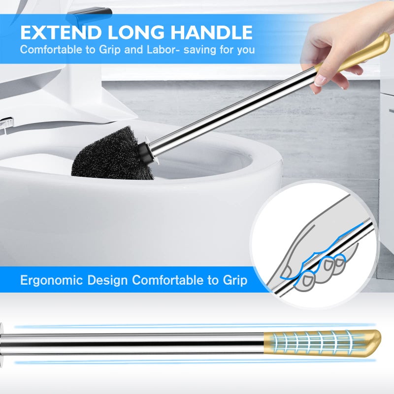 Wsedor Toilet Brush and Holder 2 Pack, 304 Stainless Steel Toilet Brush with Extended and Durable Comfortable Brush Handle, Toilet Bowl Brush for Bathroom Toilet - Ergonomic, Pratical Durable (Gold) - Image 4