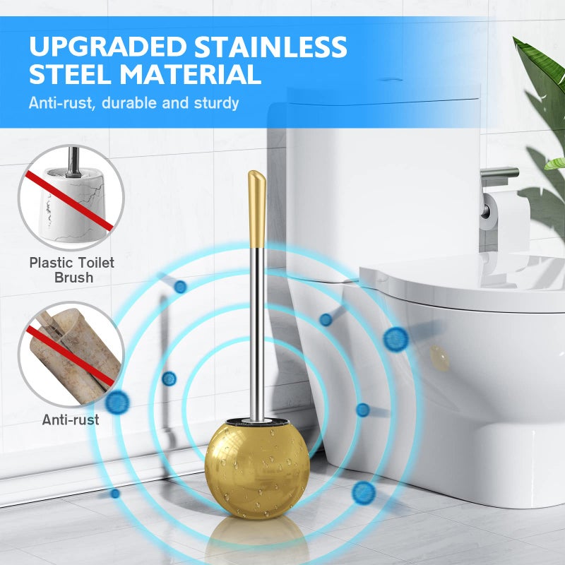Wsedor Toilet Brush and Holder 2 Pack, 304 Stainless Steel Toilet Brush with Extended and Durable Comfortable Brush Handle, Toilet Bowl Brush for Bathroom Toilet - Ergonomic, Pratical Durable (Gold) - Image 2