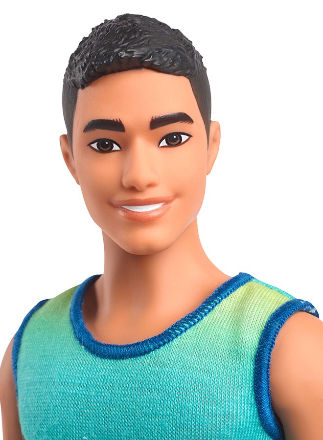 Barbie Fashionistas Ken Doll #236 with Black Hair, Wearing Blue and Green Ombre Tank with Jean Shorts and Silver Sneakers - Image 4