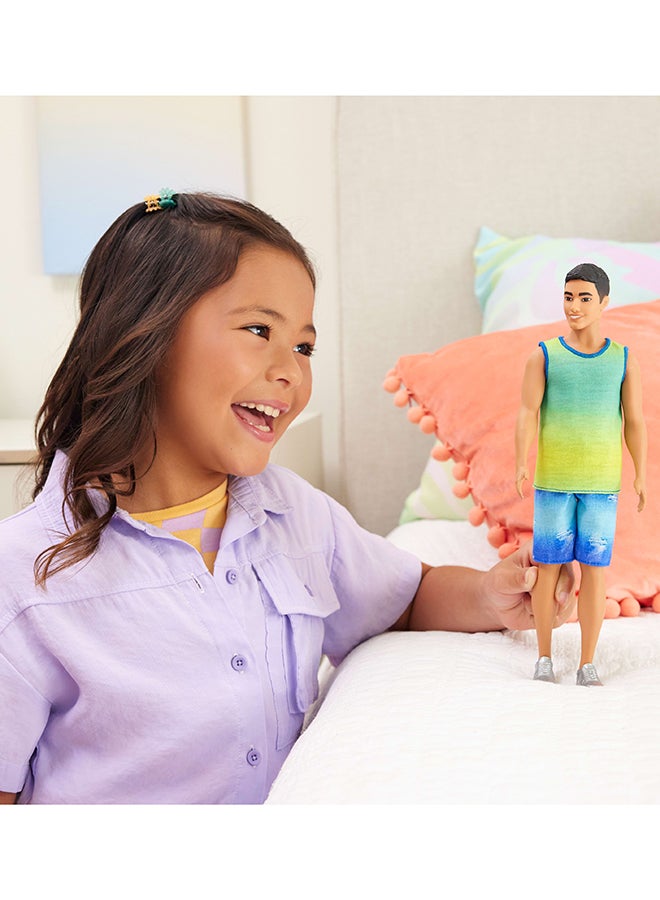 Barbie Fashionistas Ken Doll #236 with Black Hair, Wearing Blue and Green Ombre Tank with Jean Shorts and Silver Sneakers - Image 3