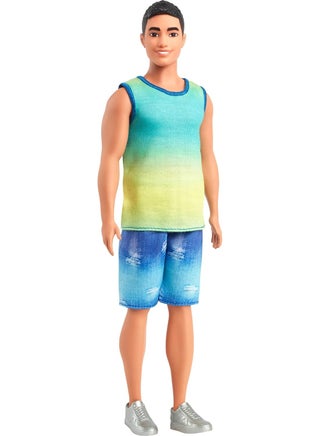 Fashionistas Ken Doll #236 with Black Hair, Wearing Blue and Green Ombre Tank with Jean Shorts and Silver Sneakers - view 2