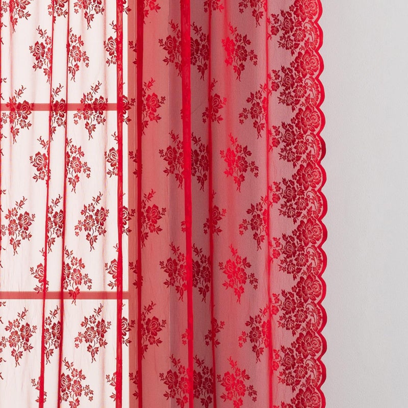 Kotile Red Sheer Curtains 63 Inch Length, W52 x L63 Inch, 2 Panels, Country Rustic Floral Vintage Red Lace Curtains for Bedroom, Rod Pocket Privacy Light Filtering Cottagecore Sheer Window Curtain - Image 4
