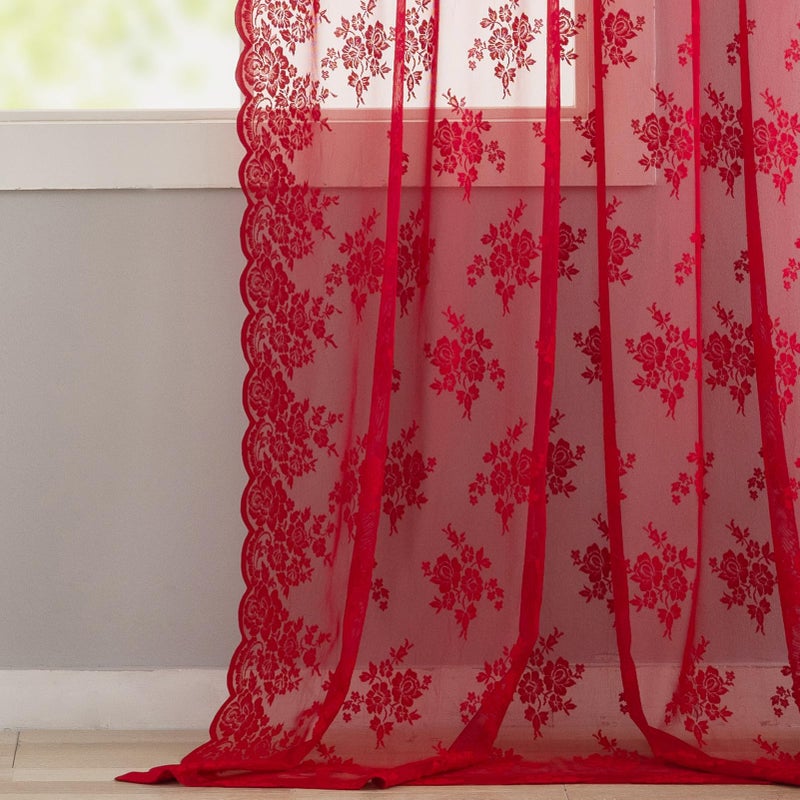 Kotile Red Sheer Curtains 63 Inch Length, W52 x L63 Inch, 2 Panels, Country Rustic Floral Vintage Red Lace Curtains for Bedroom, Rod Pocket Privacy Light Filtering Cottagecore Sheer Window Curtain - Image 5