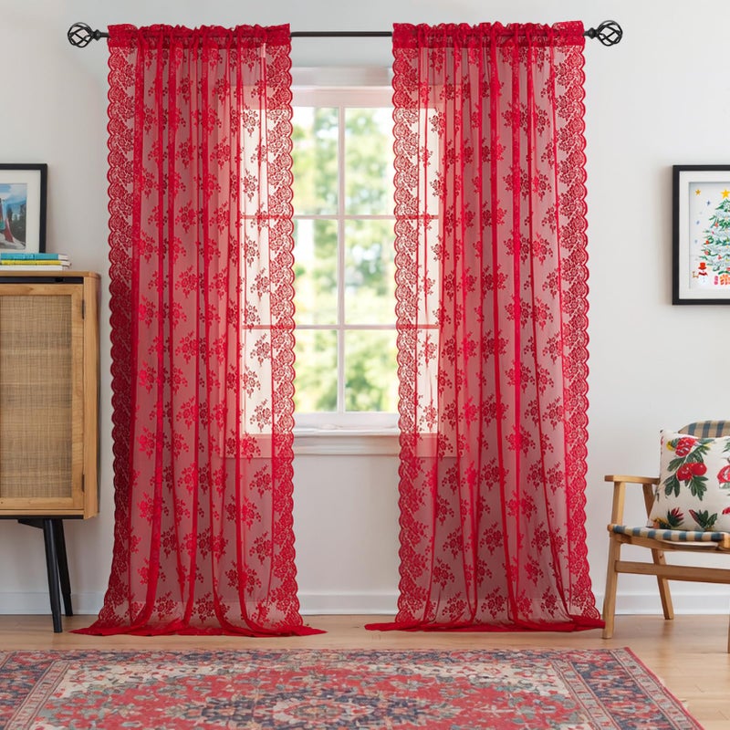 Kotile Red Sheer Curtains 63 Inch Length, W52 x L63 Inch, 2 Panels, Country Rustic Floral Vintage Red Lace Curtains for Bedroom, Rod Pocket Privacy Light Filtering Cottagecore Sheer Window Curtain - Image 2