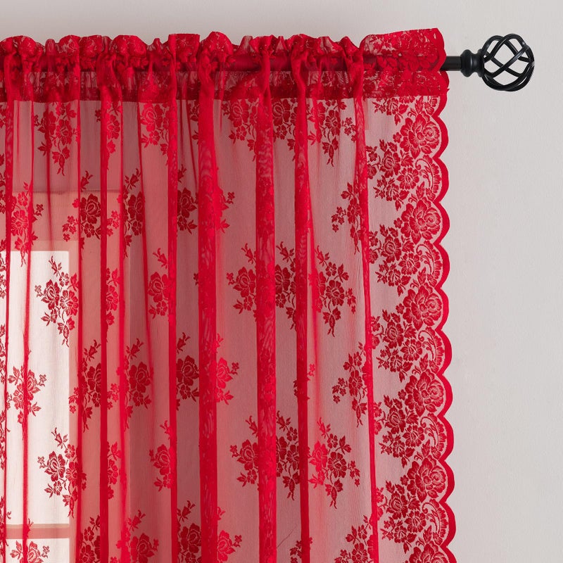 Kotile Red Sheer Curtains 63 Inch Length, W52 x L63 Inch, 2 Panels, Country Rustic Floral Vintage Red Lace Curtains for Bedroom, Rod Pocket Privacy Light Filtering Cottagecore Sheer Window Curtain - Image 3