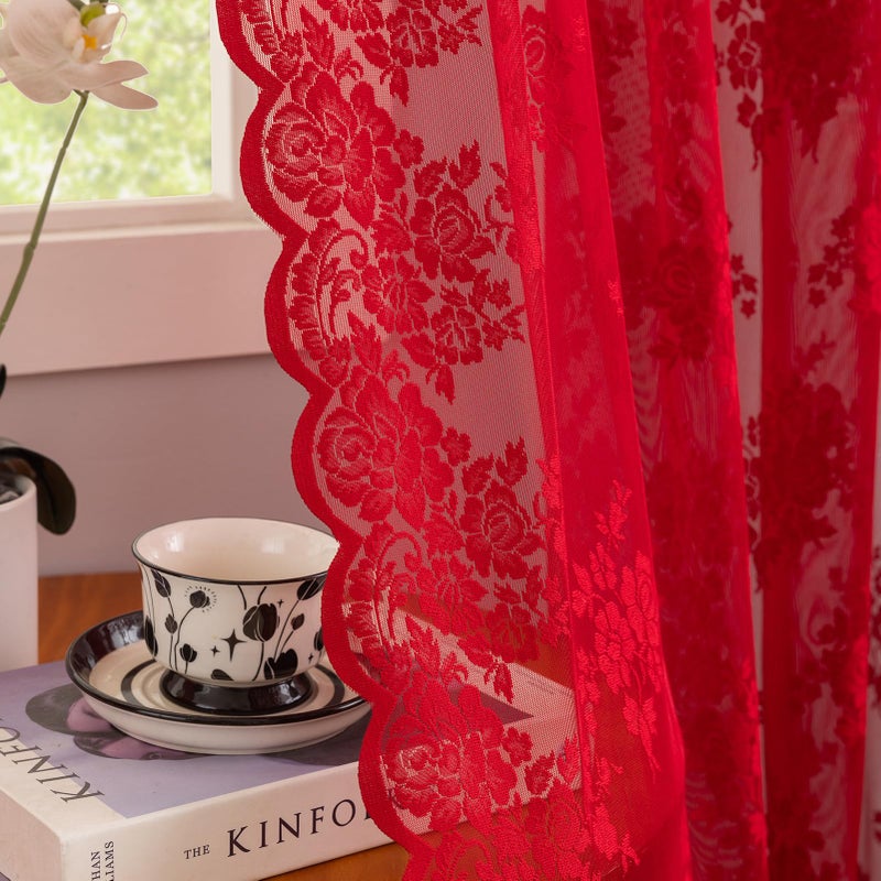 Kotile Red Sheer Curtains 63 Inch Length, W52 x L63 Inch, 2 Panels, Country Rustic Floral Vintage Red Lace Curtains for Bedroom, Rod Pocket Privacy Light Filtering Cottagecore Sheer Window Curtain - Image 1
