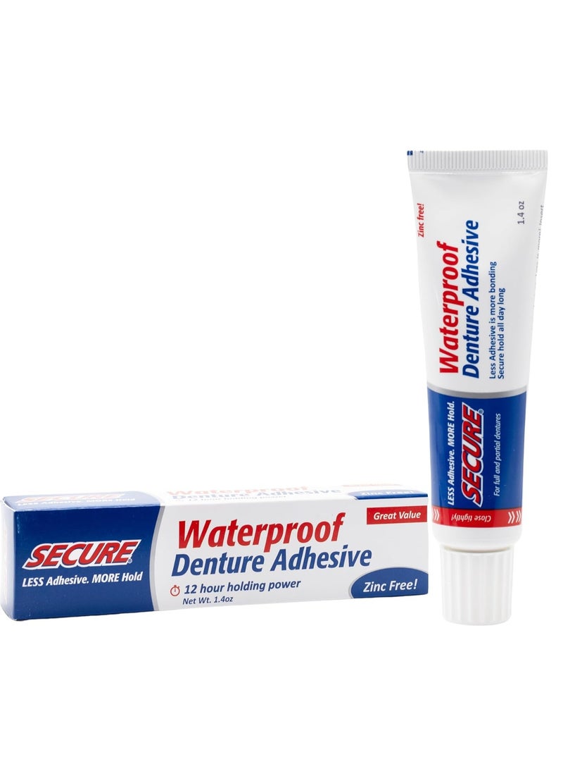 secure Secure Waterproof Denture Adhesive - Zinc Free - Extra Strong Hold For Upper, Lower or Partials - 1.4 oz - Image 1