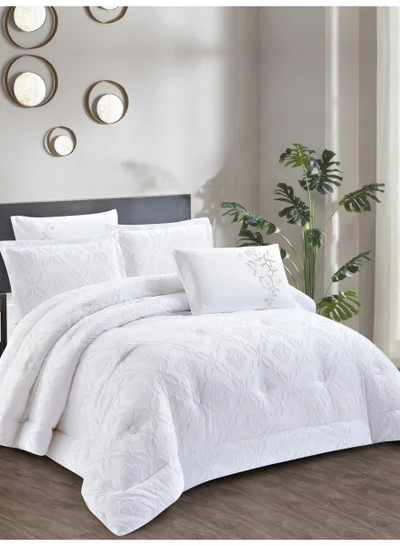 Donetella Bedding Comforter Set King Size, 6-Pcs Bed Set Fits 260x240 Cms -Tufted Embroidery Set-All Season- 350 GSM Brushed Microfiber (طقم مفرش سرير فندقي)