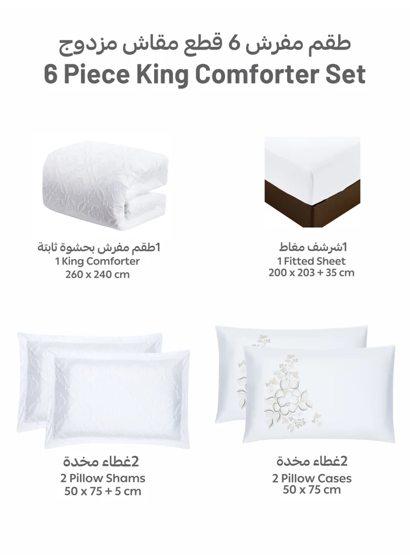 Donetella Bedding Comforter Set King Size, 6-Pcs Bed Set Fits 200x200 Cms -Tufted Embroidery Set-All Season- 350 GSM Brushed Microfiber (طقم مفرش سرير فندقي)