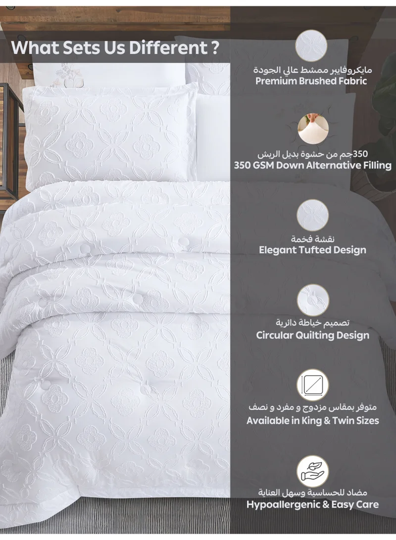 Donetella Bedding Comforter Set King Size, 6-Pcs Bed Set Fits 200x200 Cms -Tufted Embroidery Set-All Season- 350 GSM Brushed Microfiber (طقم مفرش سرير فندقي)