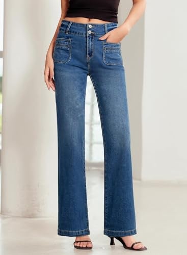 Sidefeel Women's Jeans Wide Leg High Waisted Straight Leg Fall Outfit Stretchy Denim Pants Blue Size 16 - Image 5