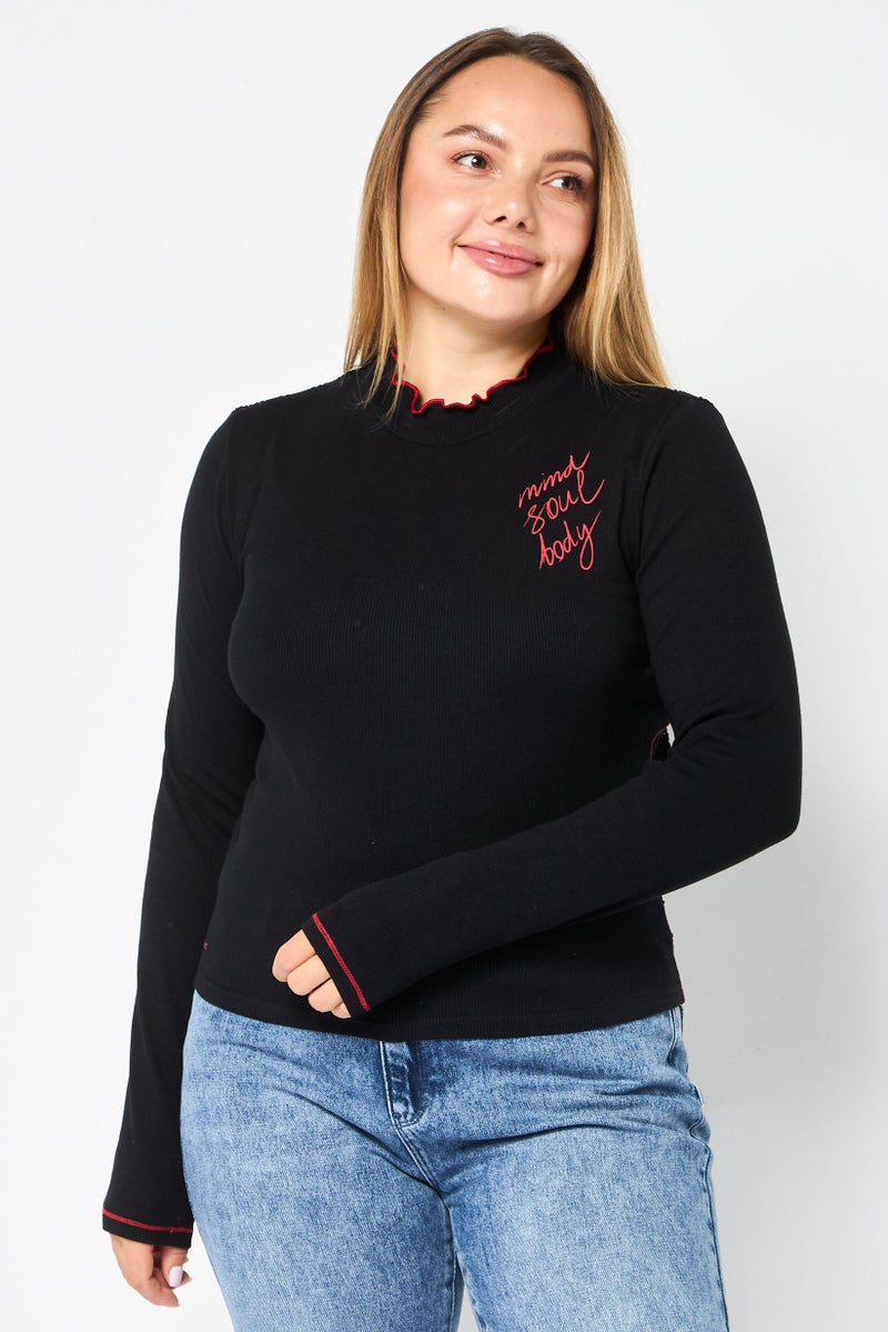 DESIGUAL Women  Mock Neck Long Sleeve Graphic Print Top, Black - Image 1