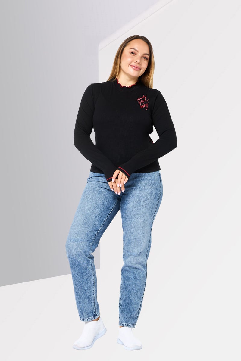 DESIGUAL Women  Mock Neck Long Sleeve Graphic Print Top, Black - Image 2