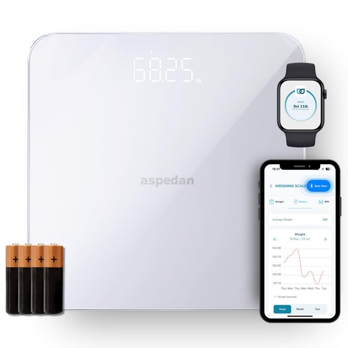 BLUETOOTH BODY SCALES | DIGITAL BATHROOM SCALES FOR FITNESS AND WEIGHT TRACKING | CONNECTS TO PHONE VIA FREE SMARTPHONE APP | IOS/IPHONE AND ANDROID/GOOGLE | KILOGRAMS AND POUNDS