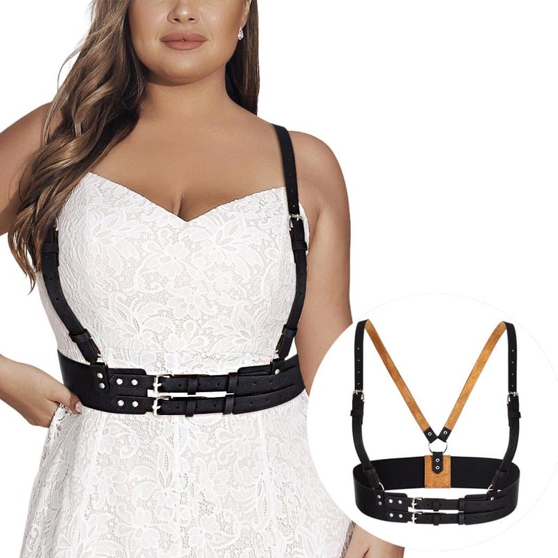 Luckam Punk Waist Belt Women's Plus Size Harness Wide Waist Belt PU Black Harness for Dresses, Goth Costume Accessories Belts - Image 1
