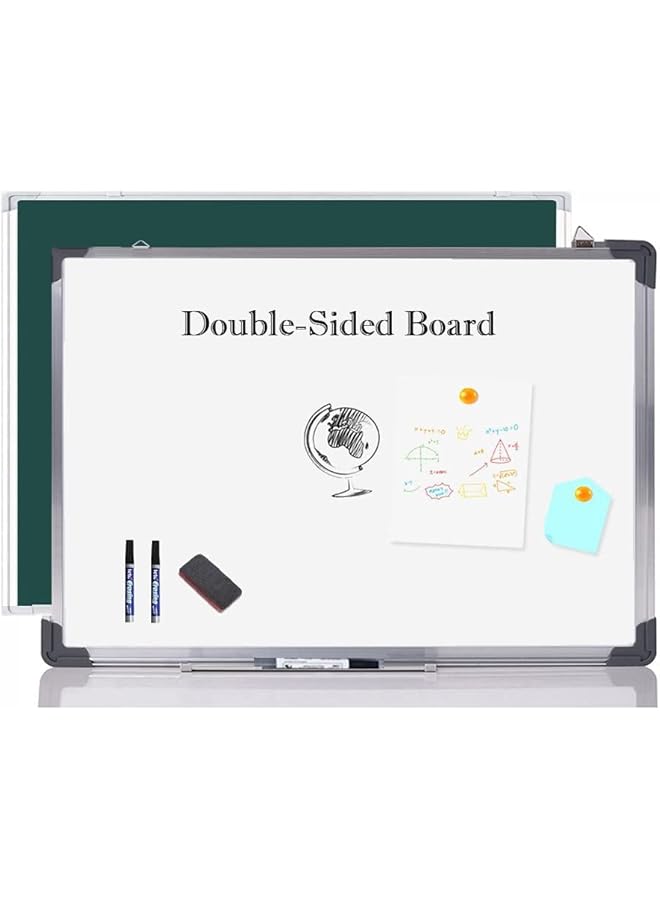 erorex Magnetic Double Sided White Board Chalkboard Blackboard Dry Wipe Message Bulletin Board With 1 Eraser 3 Markers 4 Magnetics And 1 Accessory Tray For Home Office School 60 * 45Cm Al Frame  - Image 1