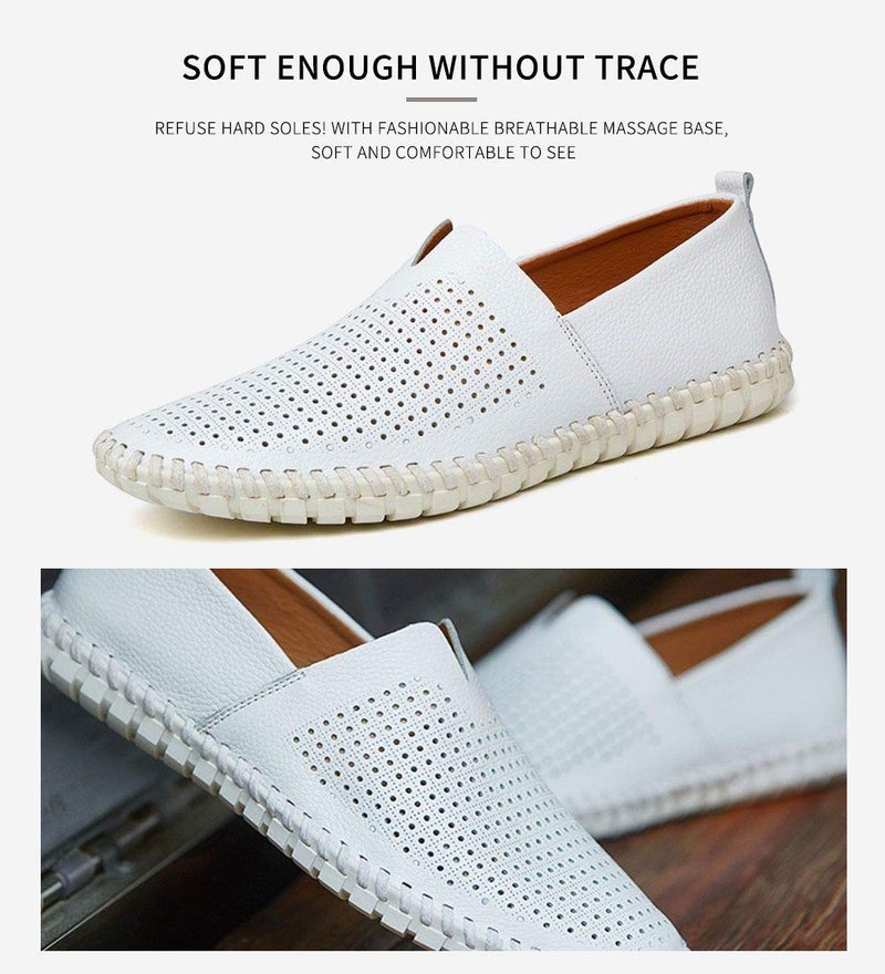 mitvr Men's Genuine Leather Loafer Shoes Slip On Soft Walking Shoes Perforated Driving Shoes,Holing White,40EU=8 M US - Image 2