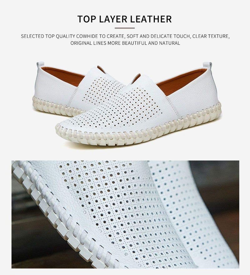 mitvr Men's Genuine Leather Loafer Shoes Slip On Soft Walking Shoes Perforated Driving Shoes,Holing White,40EU=8 M US - Image 3