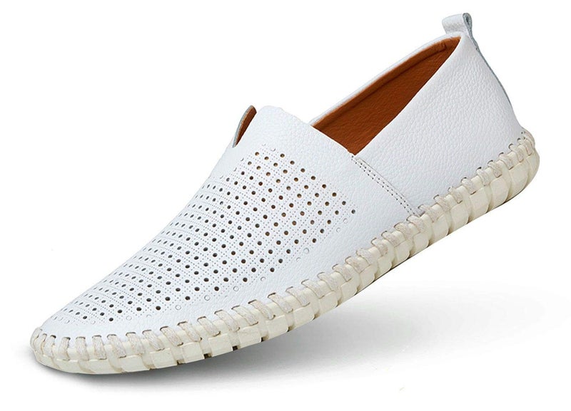 mitvr Men's Genuine Leather Loafer Shoes Slip On Soft Walking Shoes Perforated Driving Shoes,Holing White,40EU=8 M US - Image 1