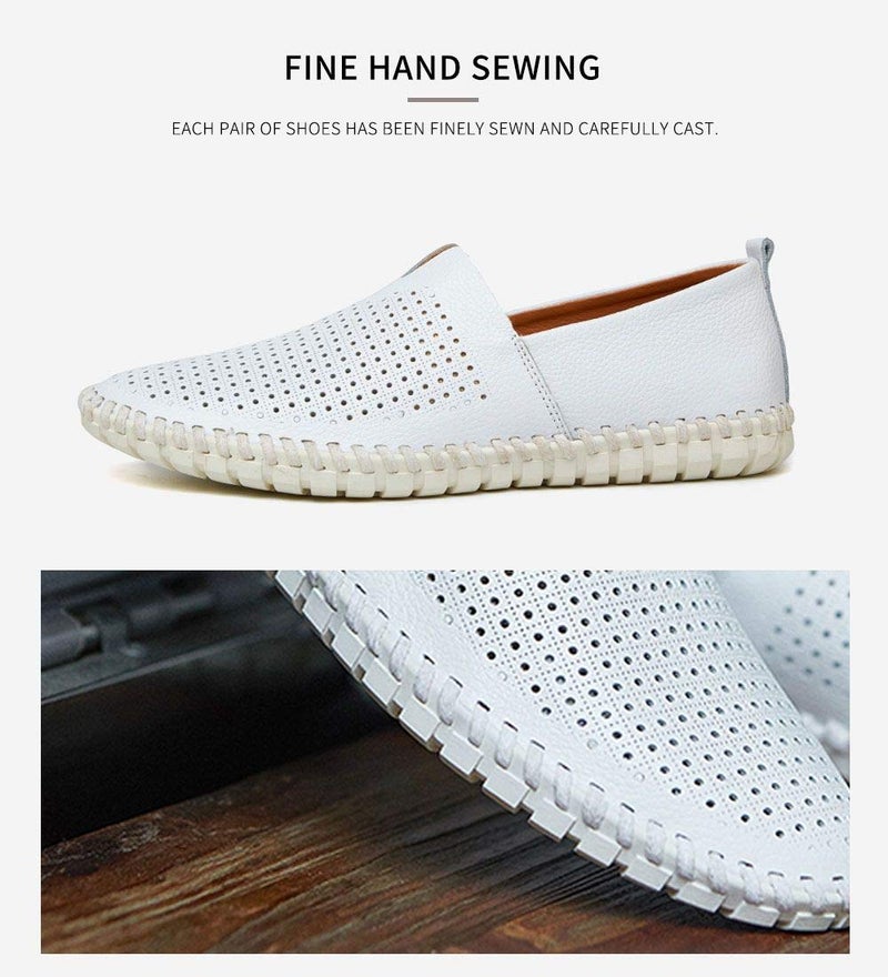 mitvr Men's Genuine Leather Loafer Shoes Slip On Soft Walking Shoes Perforated Driving Shoes,Holing White,40EU=8 M US - Image 4