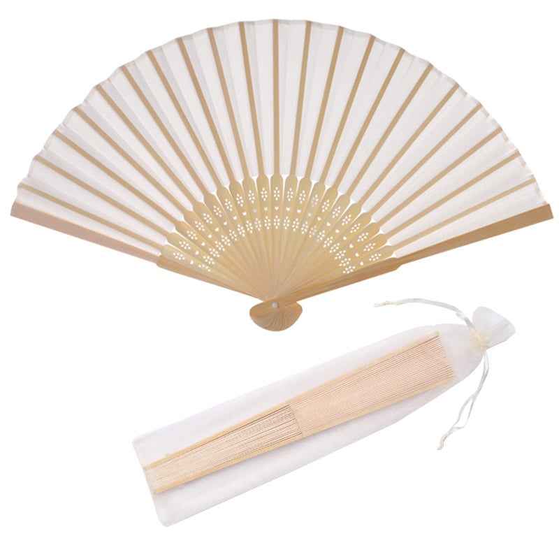 SL crafts 24pcs Imitated Silk Hand Fan Imitated Silk Fabric Bamboo Handheld Folded Fan Bridal Dancing Props Church Wedding Party Favors with Organza Bags (Cream) - Image 1