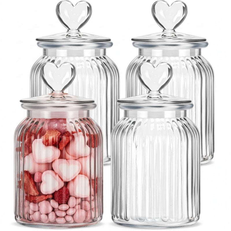 Potchen 4 Sets 32oz Valentine's Day Cookie Jars Glass Candy Jar with Heart Lids Decorative Heart Containers Food Storage Canister with Airtight Lid for Valentines Party Table Decoration(Clear Lid) - Image 1