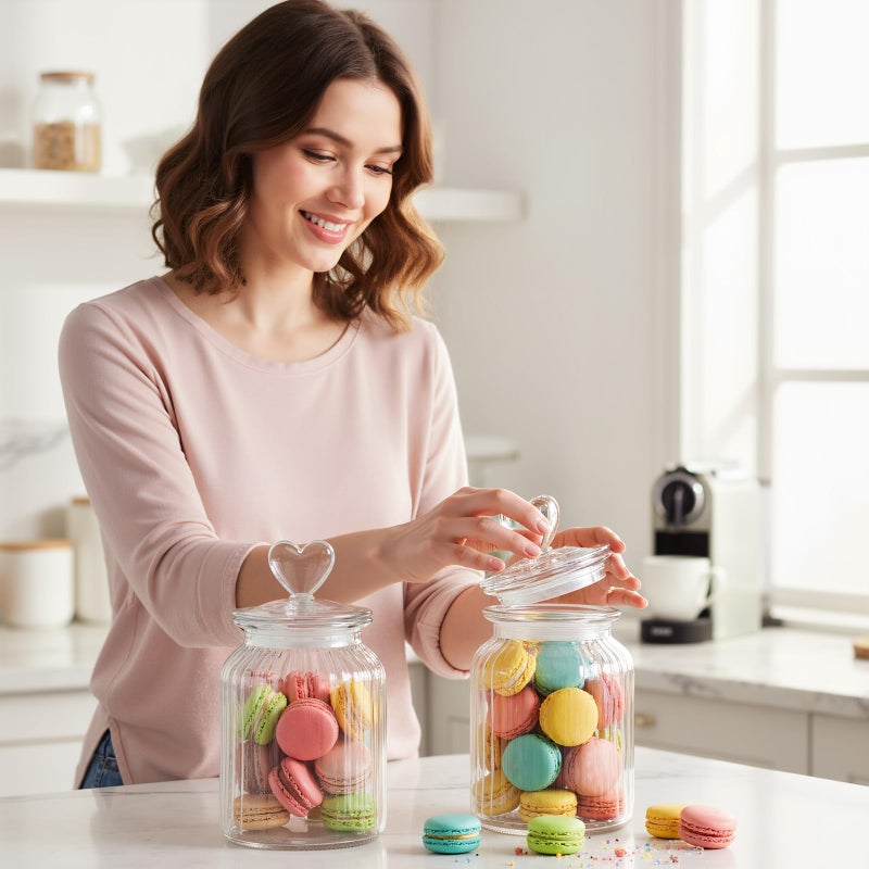 Potchen 4 Sets 32oz Valentine's Day Cookie Jars Glass Candy Jar with Heart Lids Decorative Heart Containers Food Storage Canister with Airtight Lid for Valentines Party Table Decoration(Clear Lid) - Image 4