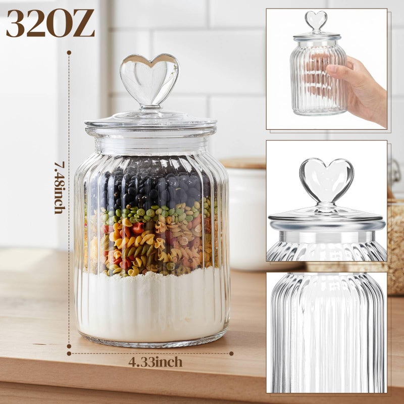 Potchen 4 Sets 32oz Valentine's Day Cookie Jars Glass Candy Jar with Heart Lids Decorative Heart Containers Food Storage Canister with Airtight Lid for Valentines Party Table Decoration(Clear Lid) - Image 3