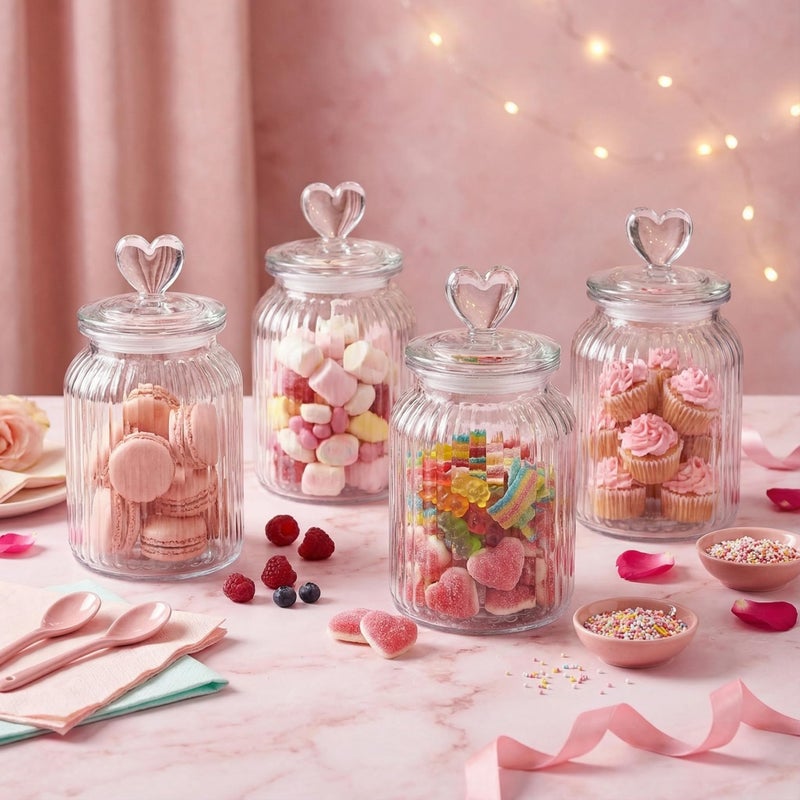 Potchen 4 Sets 32oz Valentine's Day Cookie Jars Glass Candy Jar with Heart Lids Decorative Heart Containers Food Storage Canister with Airtight Lid for Valentines Party Table Decoration(Clear Lid) - Image 5
