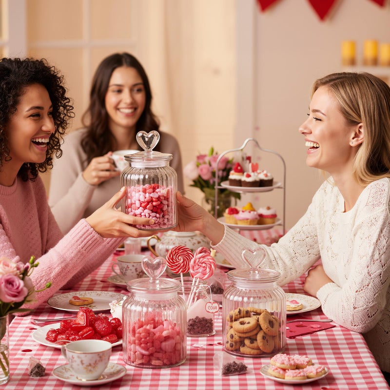 Potchen 4 Sets 32oz Valentine's Day Cookie Jars Glass Candy Jar with Heart Lids Decorative Heart Containers Food Storage Canister with Airtight Lid for Valentines Party Table Decoration(Clear Lid) - Image 2