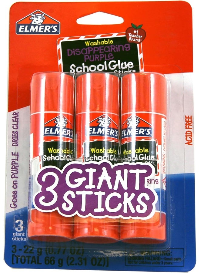 Elmer's Disappearing Purple School Glue Sticks, Washable, 22 Grams, 3 Count - Image 1