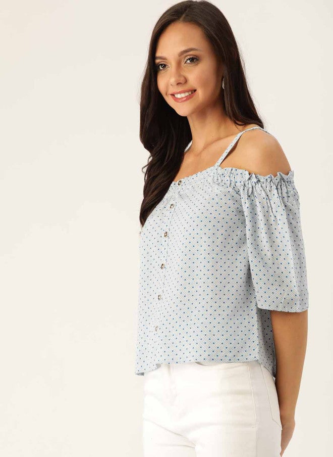 Rue Collection بلوزة باردو للنساء باللونين الأبيض والأزرق - Image 3