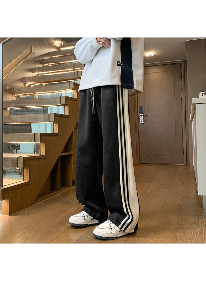Dingfengbaoluo American-style Casual Pants For Men, Autumn Fashion Striped Loose Straight-leg Trousers With Drape And Comfort, Long Pants Dfk71 Black M - Image 4