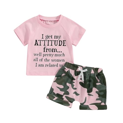 Fernvia Toddler Girls Clothes 1T 2T 3T 4T 5T Summer Outfits Baby Kids Short Sleeve T-Shirt Tops & Camouflage Shorts Sets (B-Pink, 2-3 Years) - Image 1