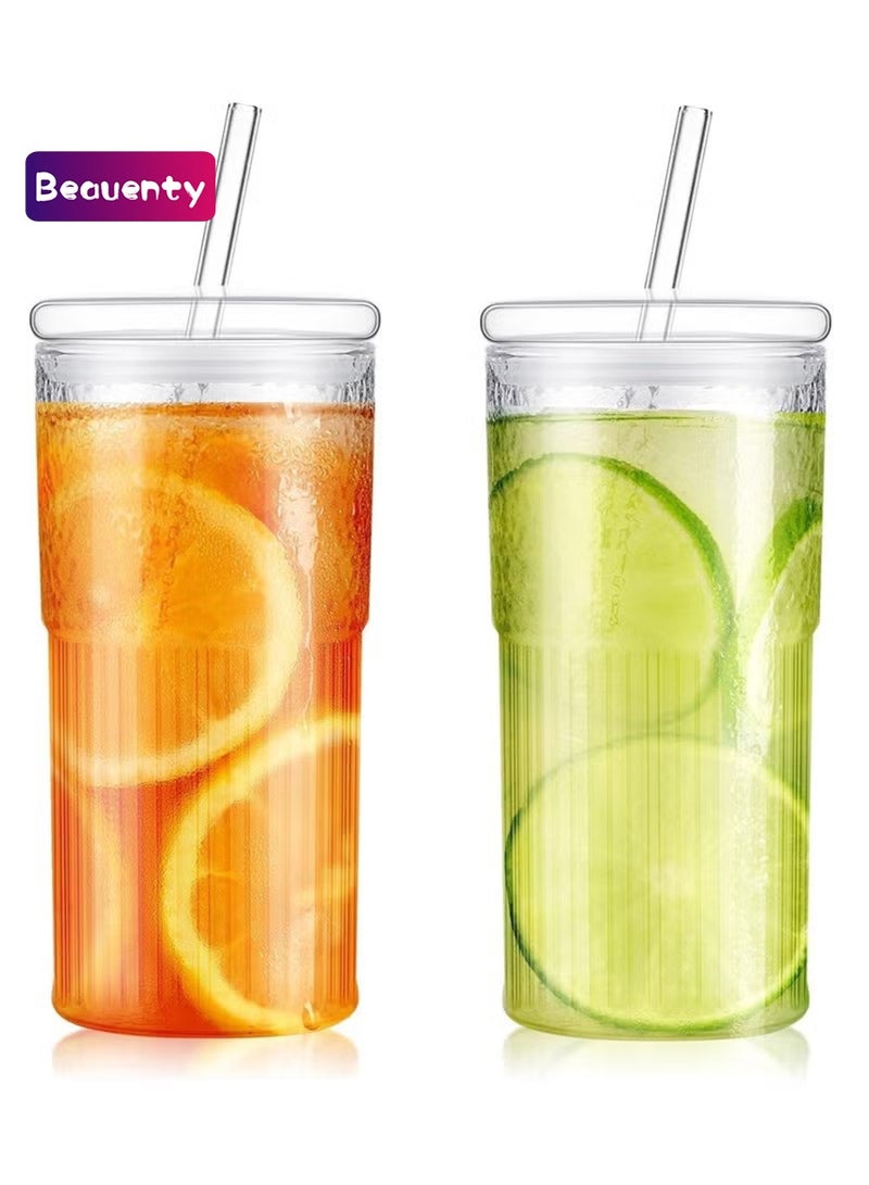 بيوينتي عدد 2 قطعة أكواب زجاجية شفافة مع أغطية وقشات - Image 1