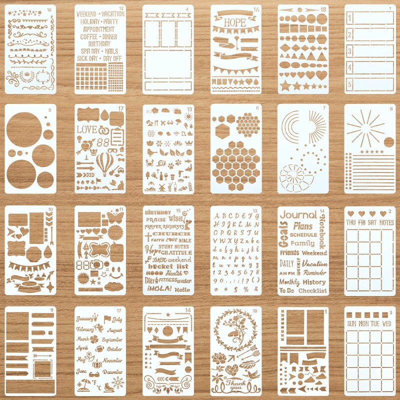 Zonon Zonon 24 Pieces Journal Stencils 4x7 Inch Planner DIY Drawing Template for Journals Supplies Kit Daily Weekly Monthly Calendars Notebook Productivity Scrapbook Lists Letters Numbers Habit 