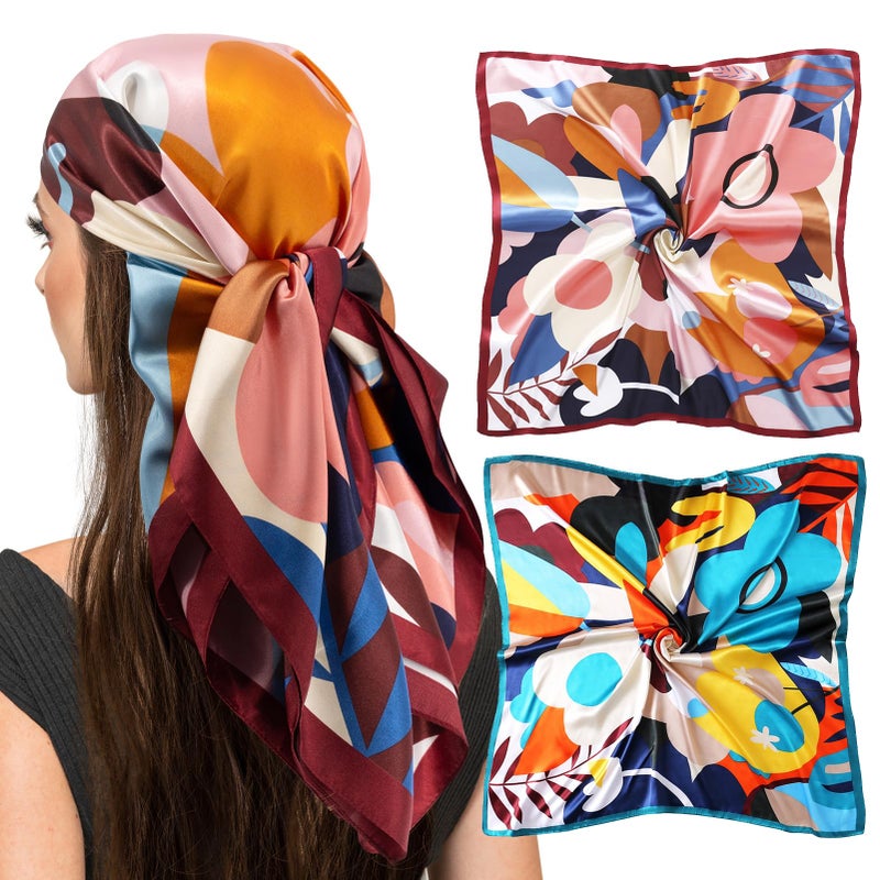 vimate وشاح رأس حرير فيمات للنساء، عبوة 2، 35 بوصة مربع، وشاح ساتان لتغطية الشعر للنوم ليلاً (عبوة 2-ج) - Image 1