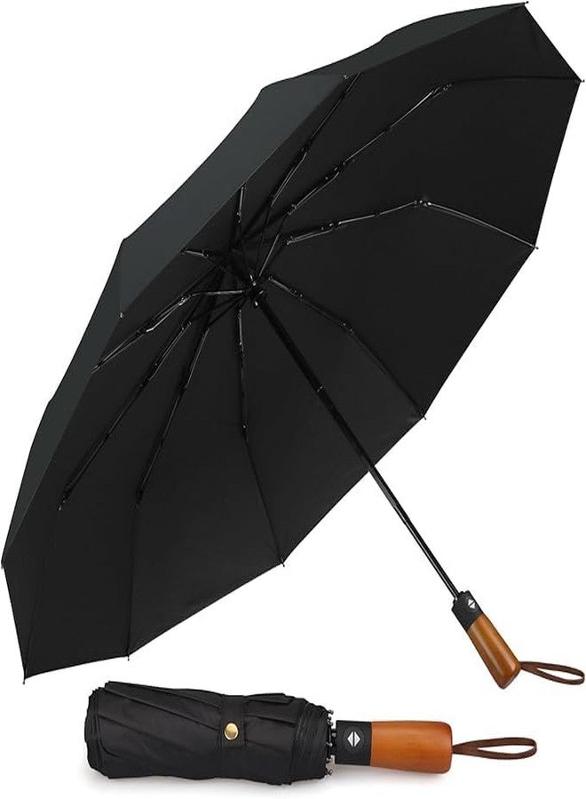 PIKFOS Travel Folding Portable Umbrella 46 Inch Windproof/Wind Resistant,Automatic Open Close,12 Ribs,99 UV Protection UPF 50,Sun/Rain,Real Wood Ergonomic Handle, Black - Image 1