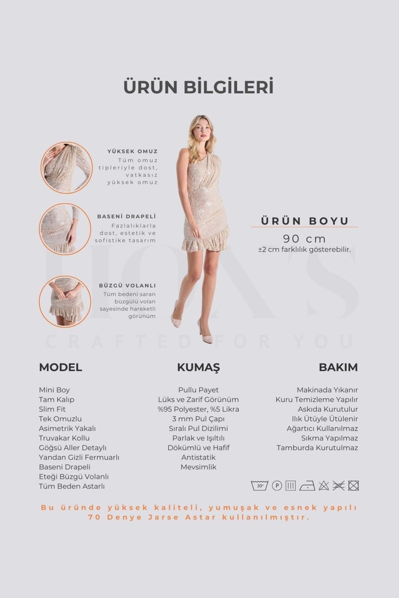 HOX'S Cindy | Sequined One Shoulder Mini Slim Evening Dress Asymmetrical Neckline Ruffle Skirt - Gold  - Image 2
