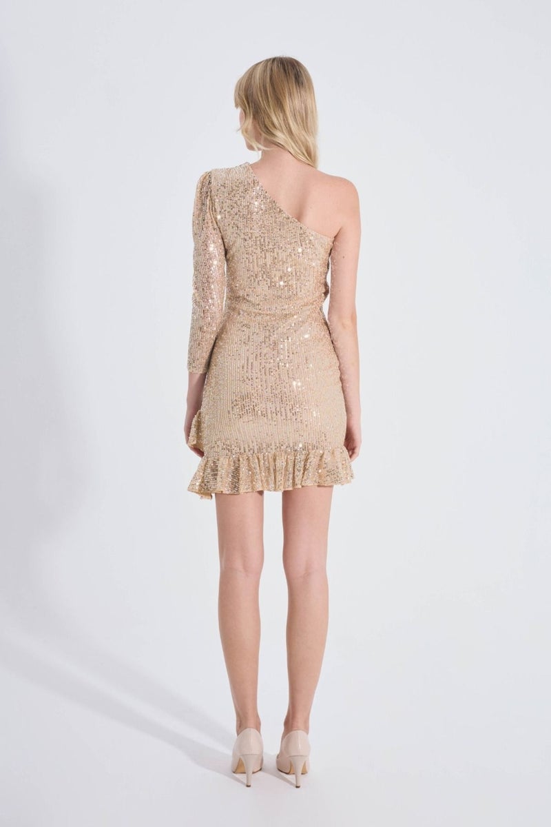 HOX'S Cindy | Sequined One Shoulder Mini Slim Evening Dress Asymmetrical Neckline Ruffle Skirt - Gold  - Image 5