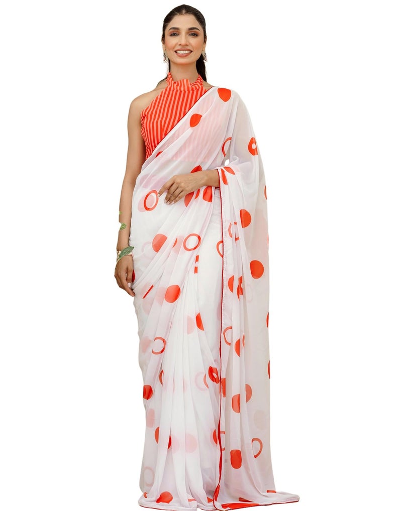 SIRIL Women's Georgette Printed Ready To Wear Saree with Unstitched Blouse Piece (57RS108_White) - Image 1