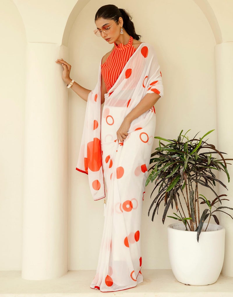 SIRIL Women's Georgette Printed Ready To Wear Saree with Unstitched Blouse Piece (57RS108_White) - Image 3