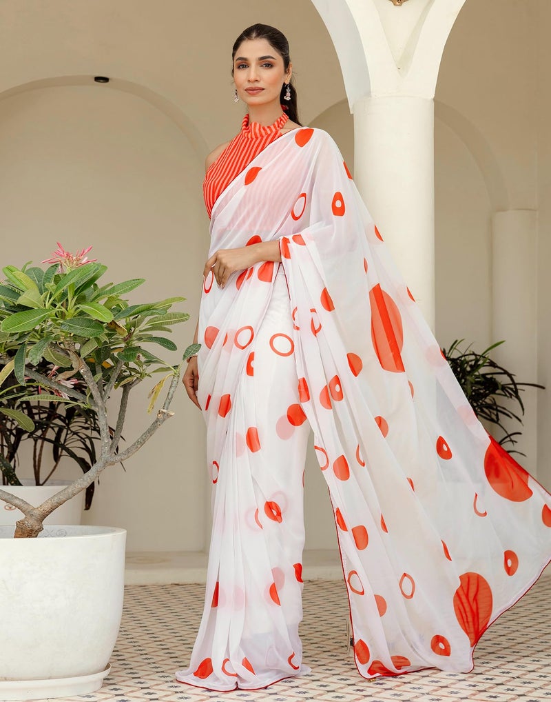 SIRIL Women's Georgette Printed Ready To Wear Saree with Unstitched Blouse Piece (57RS108_White) - Image 2