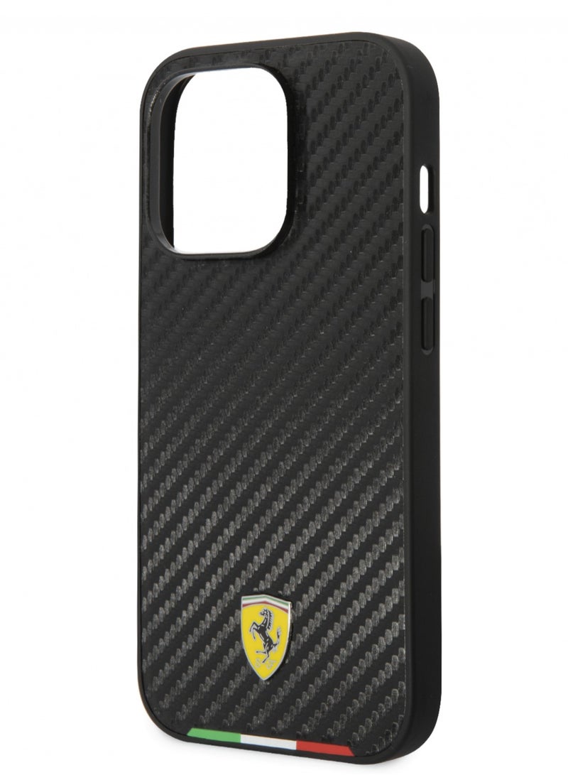 Ferrari HC PU Carbon Effect Case With Italian Flag Line For iPhone 14 Pro - Black - Image 1