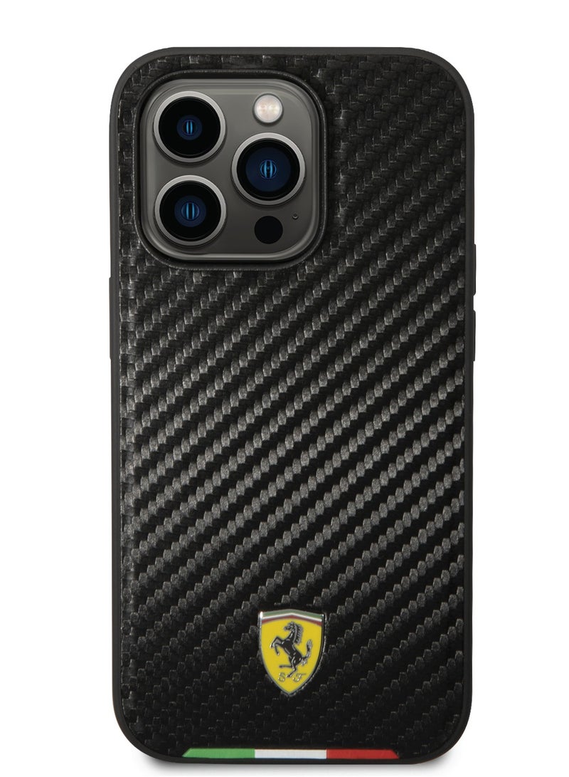 Ferrari HC PU Carbon Effect Case With Italian Flag Line For iPhone 14 Pro - Black - Image 2
